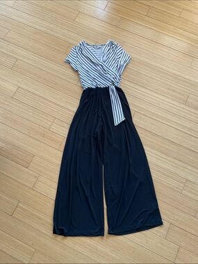 Shelby & Palmer Black Wide-Leg Jumpsuit with White Striped Wrap Top
